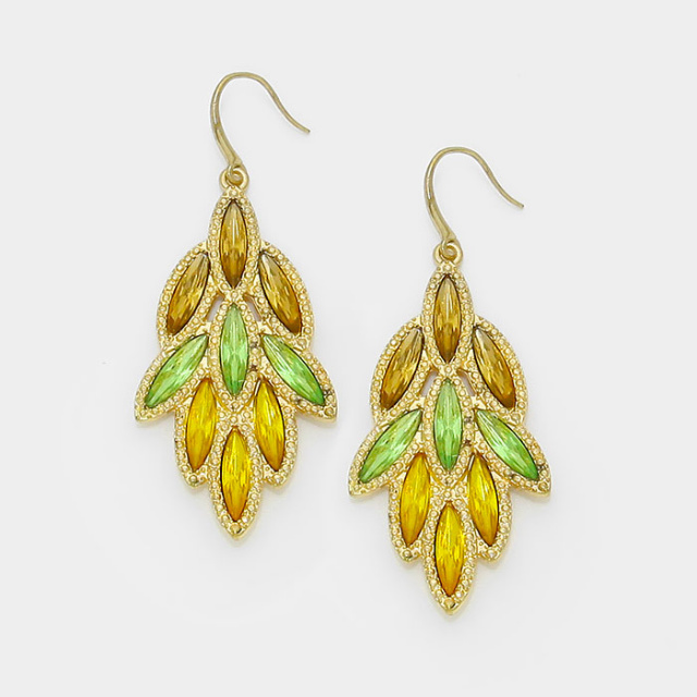Gold Crystal Leaf Cluster Dangle Cascading Chandelier Earrings