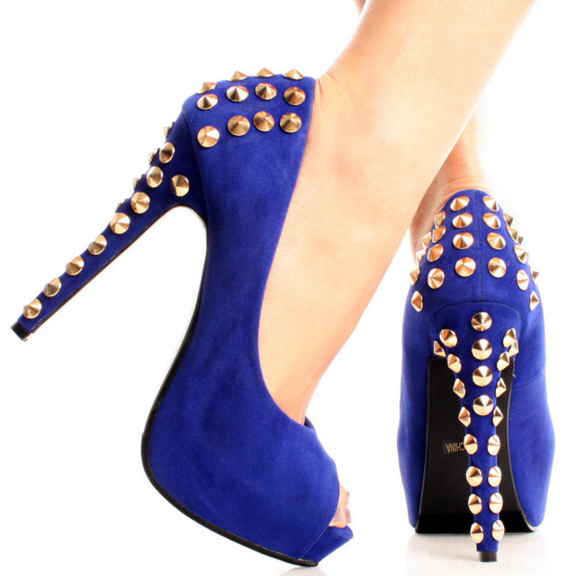 blue studded heel peep toe pumps