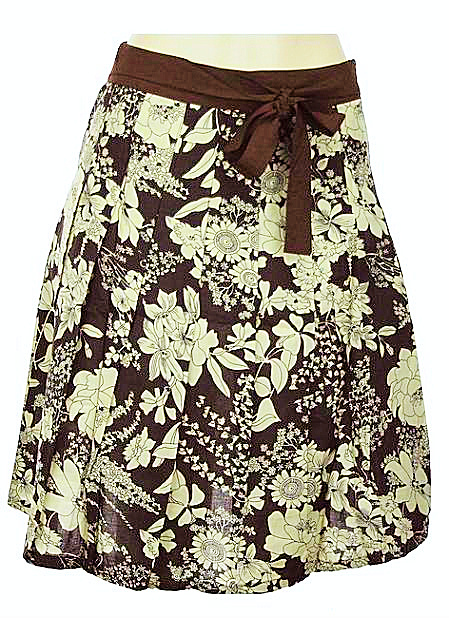 Brown Floral Pleats A-Line Knee Length Skirt