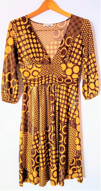 Mustard Geometric Print Metallic V  Neck Dress
