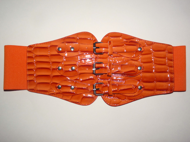 Orange Faux Croc Wide Stretch 3 Buckle Belt