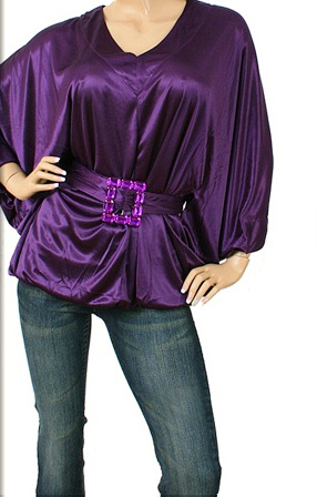 Purple Oversized Drape V-Neck Belted Jewel Jersey Blouse