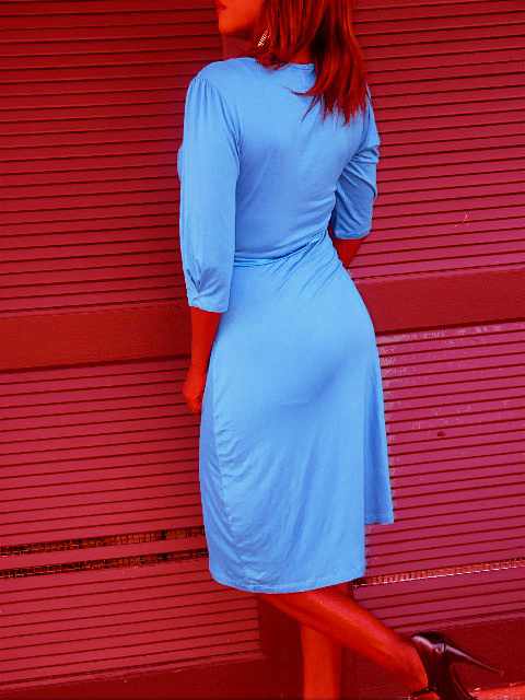Blue Surplice Sweetheart Belted 3/4 Sleeves Dress