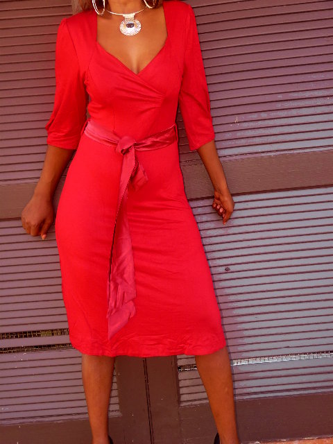 Red Surplice Sweetheart Belted 3/4 Sleeves Dress