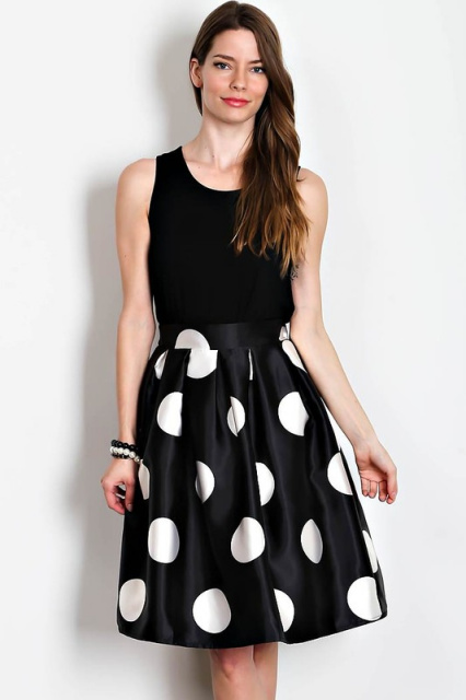 Black Polka Dot Pleated Full Midi Skirt