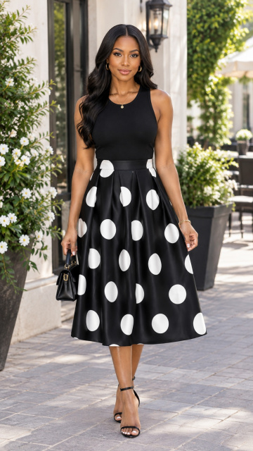 Black Polka Dot Pleated Full Midi Skirt