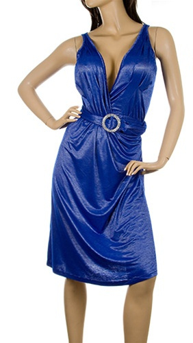 Blue Shimmer Finish Crepe V-Neck Cocktail Belted Dress 