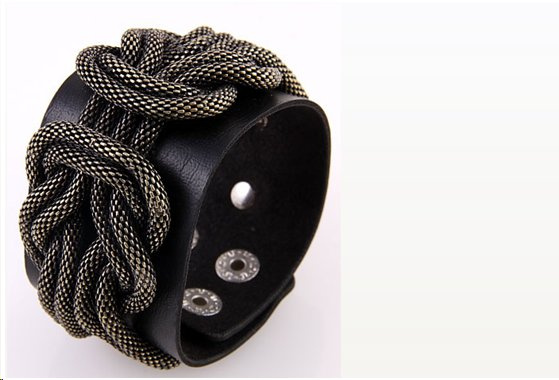 Black Braided Metal Chain Leather Cuff Bracelet