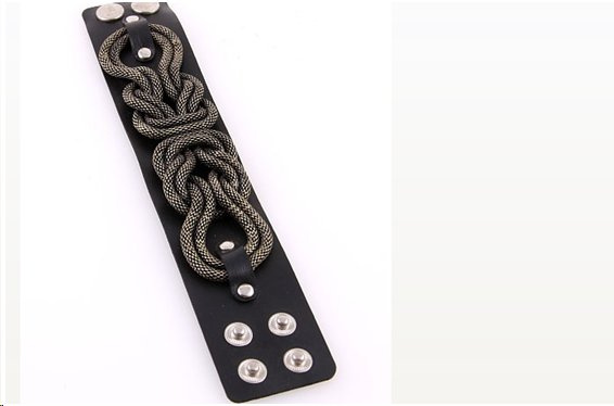 Black Braided Metal Chain Leather Cuff Bracelet