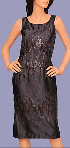 Navy Satin Sequin Metallic Embellished Sheath Cocktail Dress