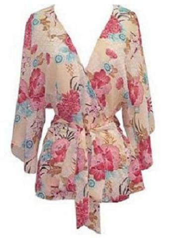 Blue Floral Multi Print Wrap Tunic Kimono Blouse