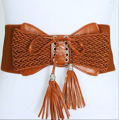 Brown Lace-Up Tassel Woven Elastic Belt