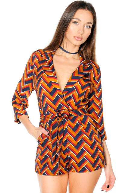 Blue V Neck African Print Tie-Waist Romper