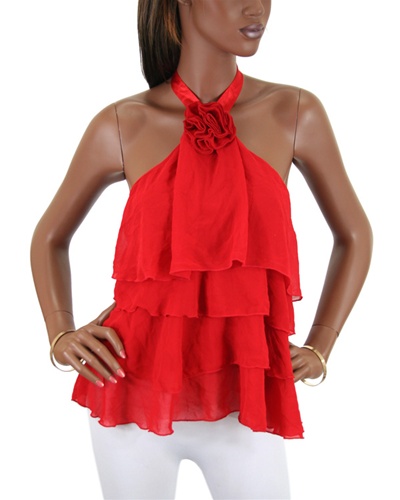 Red Floral Tiered Ruffle Chiffon Halter Top