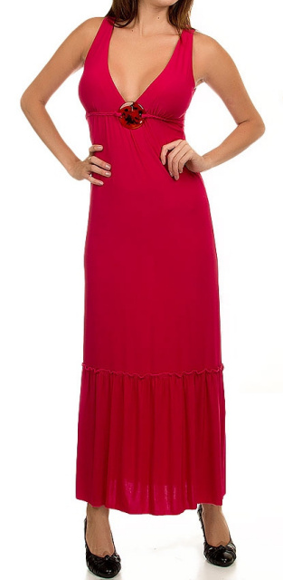 Magenta Embellished Jersey Maxi V-Neck Dress