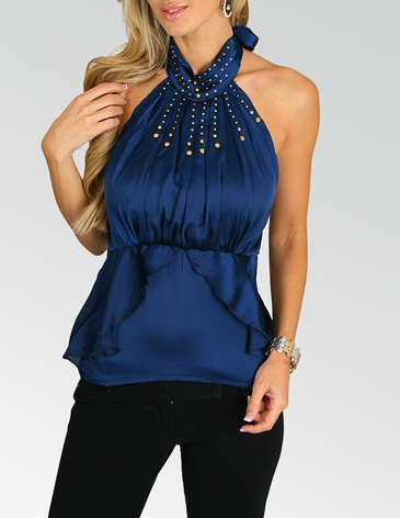 navy embellished ruffle top