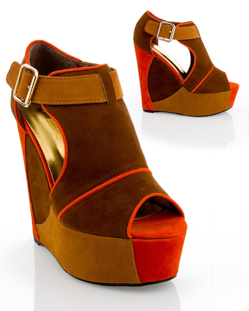 Orange brown color block platform wedges