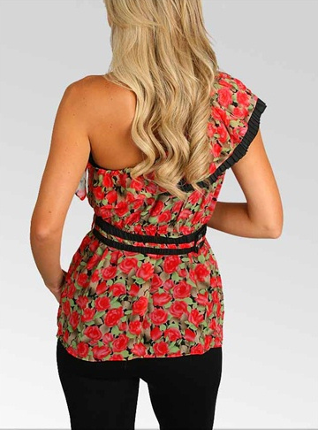 Red Floral Roses Multi Print One Shoulder Ruffle Top