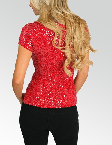 Red  Sequined V-Neck Cap Sleeves Jersey Top