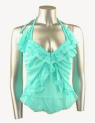 Green Ruffle Sequin Halter Neck Tie Top
