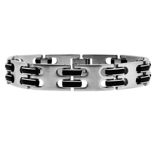 Men's Stainless Steel Black Rubber Accent Link Bracelet 9"