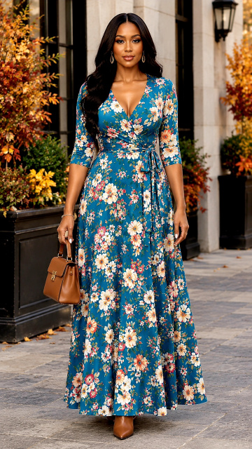 Teal Floral Multi Wrap Jersey Maxi Dress