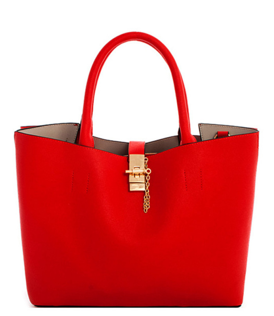 Red Structured  Buckle Lock Classic Shopper Tote Handbag