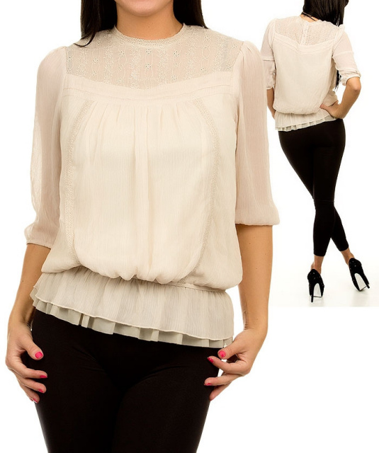 Beige Nude Chiffon Eyelet Lace Embroidered Top Blouse