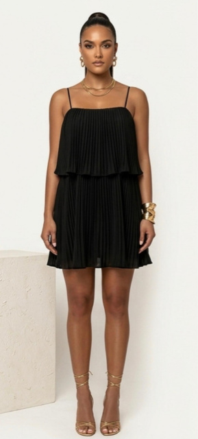 Black Pleated Layered Cami  Dress