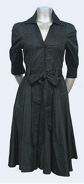 Black Pinstripe Button Down Belted A-Line Dress
