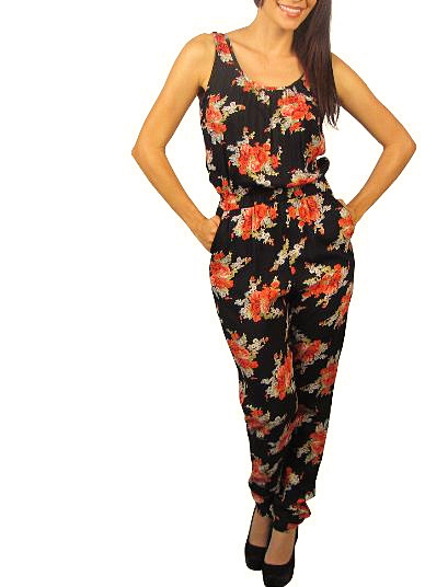 Black Floral Print Jumpsuit