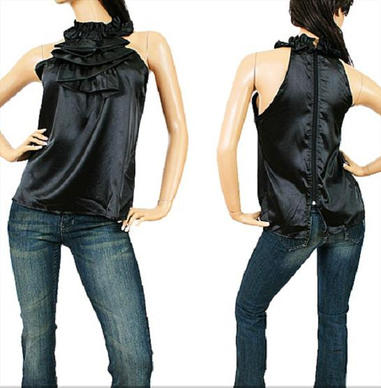 Black Satin Cascading Ruffled Halter Zip Top