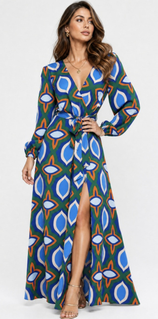 Blue Striped Wrap Chiffon Maxi Dress