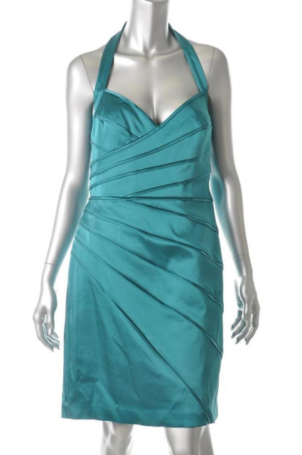 Teal Blue Satin Pleated Halterneck Cocktail Dress