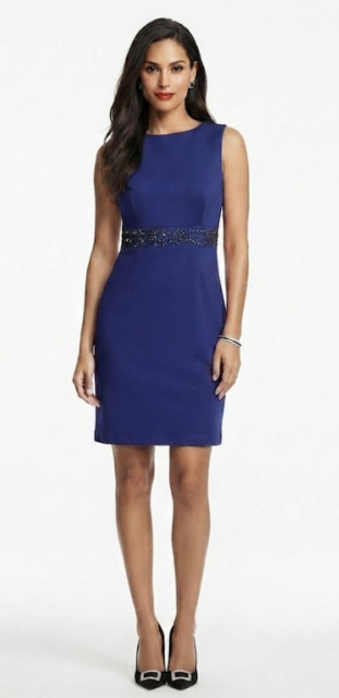 Blue  Jeweled-Waist Sheath Ponte Knit Dress