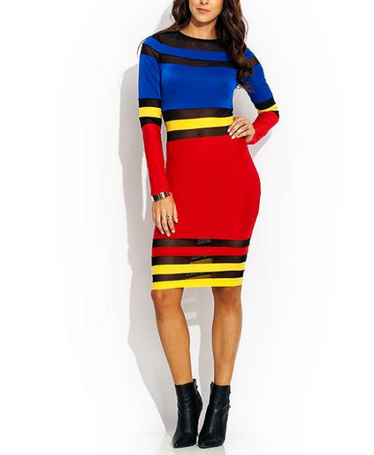 Red Striped Colorblock Mesh Bodycon Dress