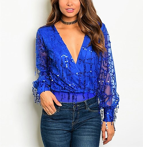 Royal Blue Bodysuit Sequin Fringe Sheer Top