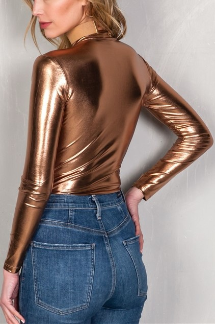 Bronze Metallic Deep V Long Sleeve  Bodysuit