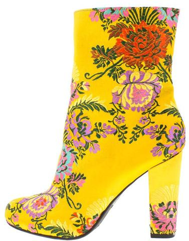Yellow Brocade Flower Embroidered Ankle Heel Booties