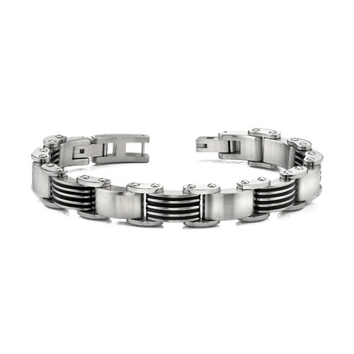 Men's Stainless Steel Black Rubber 3 Strips Link Bracelet 