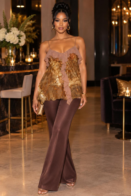 Gold Floral Metallic Asymmetrical Ruffle Cami Top