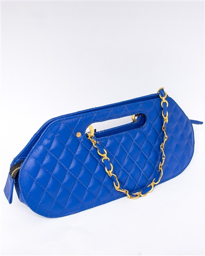 Blue Quilted Gold Chain Cutout Handle Clutch