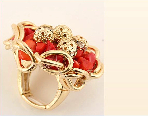 Gold Coral Bead Bauble Stretch Cocktail Statement Ring  