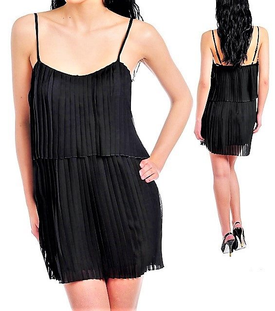 Black Pleated Layered Cami  Dress