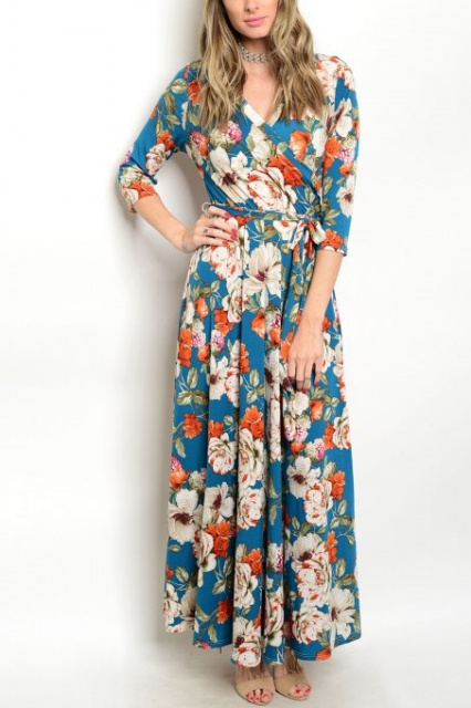Teal Floral Multi Wrap Jersey Maxi Dress