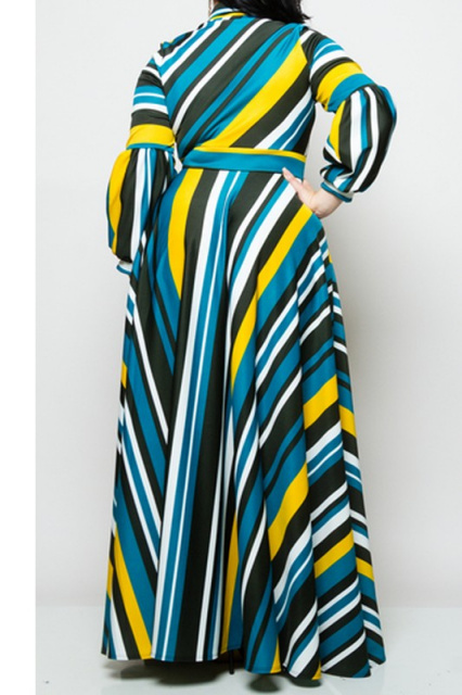 Plus Size Blue Multi Striped Bow Maxi Dress