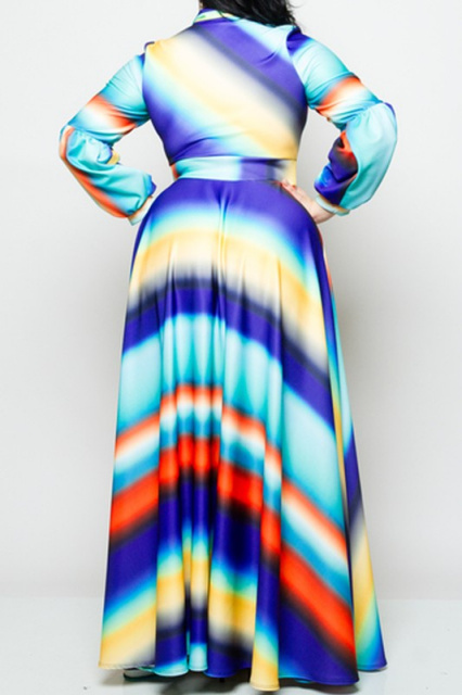 Plus Size Blue Multi Ombre Striped Bow Maxi Dress