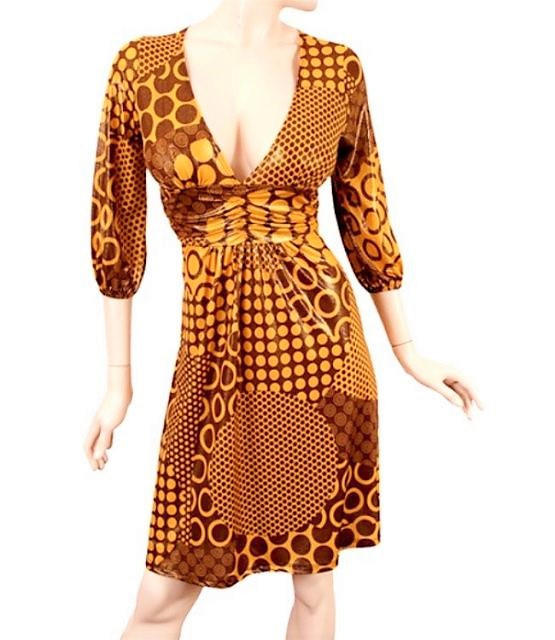 Mustard Geometric Print Metallic V  Neck Dress