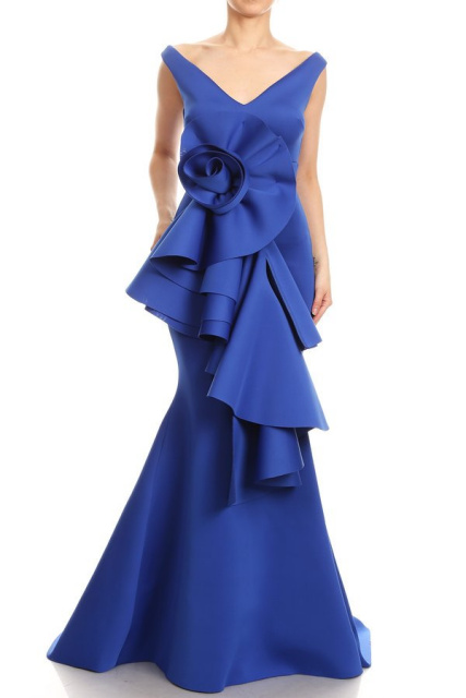 Blue Sofia Petal Cascading Ruffle Stretch Crepe Gown