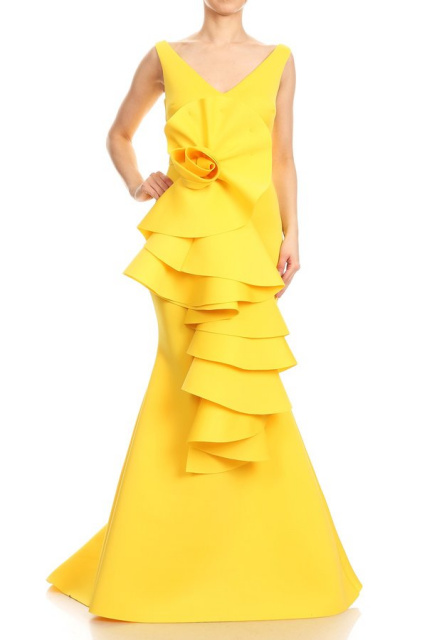Yellow Sofia Petal Cascading Ruffle Stretch Crepe Gown